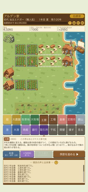 盤面。畑・牧草地・工房・港が並ぶ領地